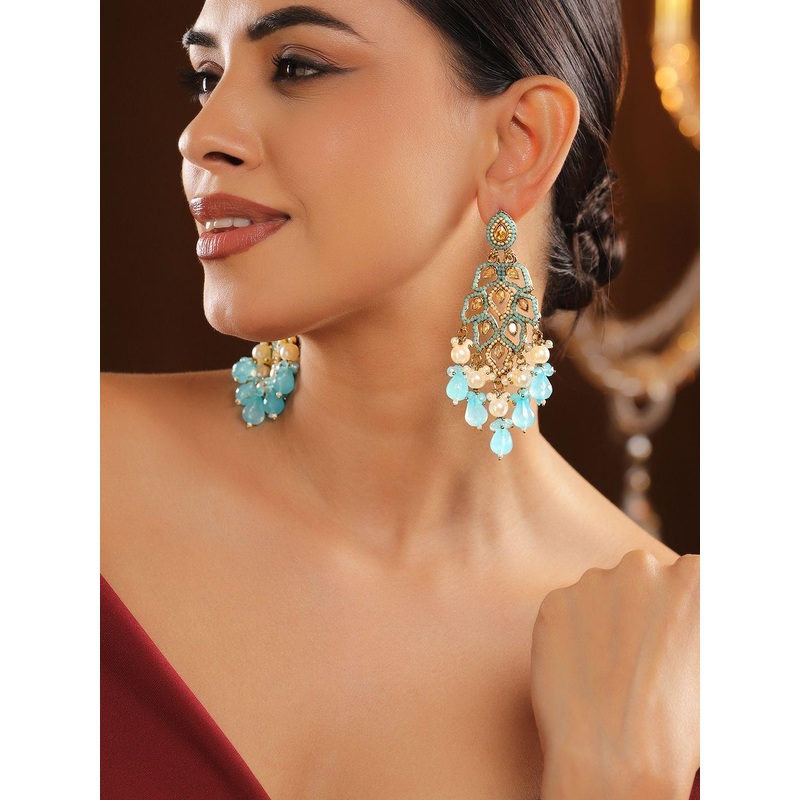 Rubans 18K Gold-Plated Light Blue Kundan & Pearl Studded Long Chandelier Earrings