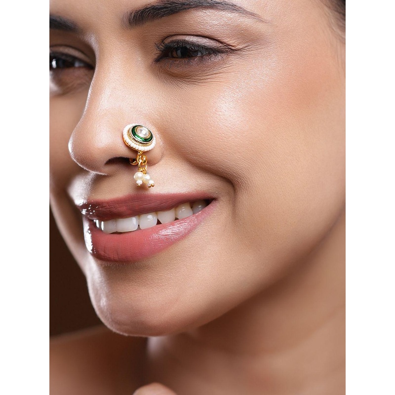 Rubans 18K Gold-Plated White Stone Green Enamel & Pearl Drop Non-Pierced Clip-On Nath