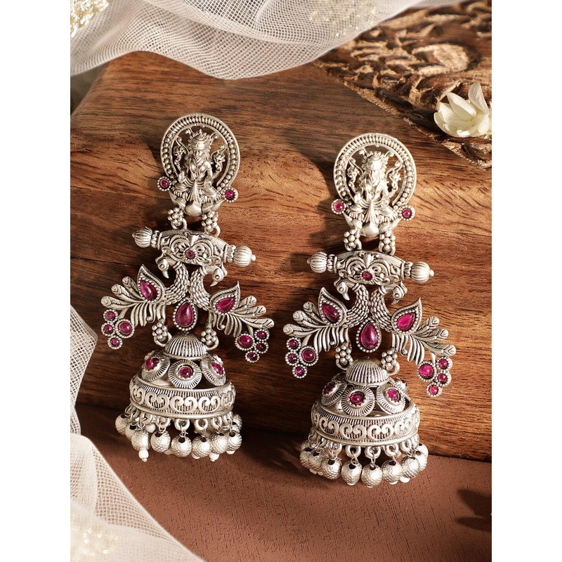 Rubans Rhodium-Plated Pink Stone-Studded Lakshmi Motif Oxidized Dome Shaped Jhumka Earring