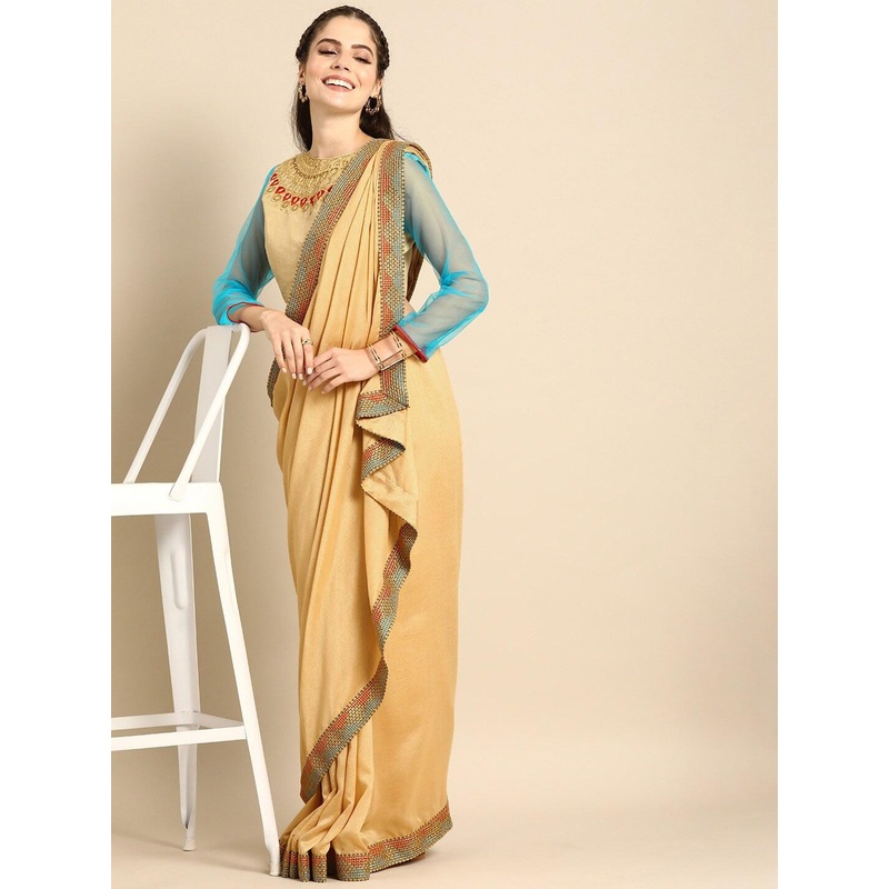 Sangria Beige & Red Embroidered Silk Blend Saree