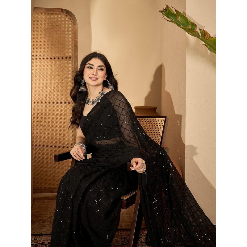 Sangria Checked Embellished Sequinned Saree With Unstitched Blouse