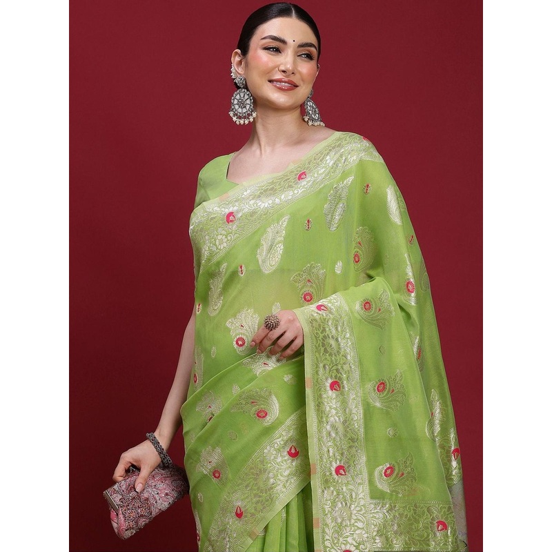 Sangria Woven Design Zari Banarasi Fastive Saree with matching blouse
