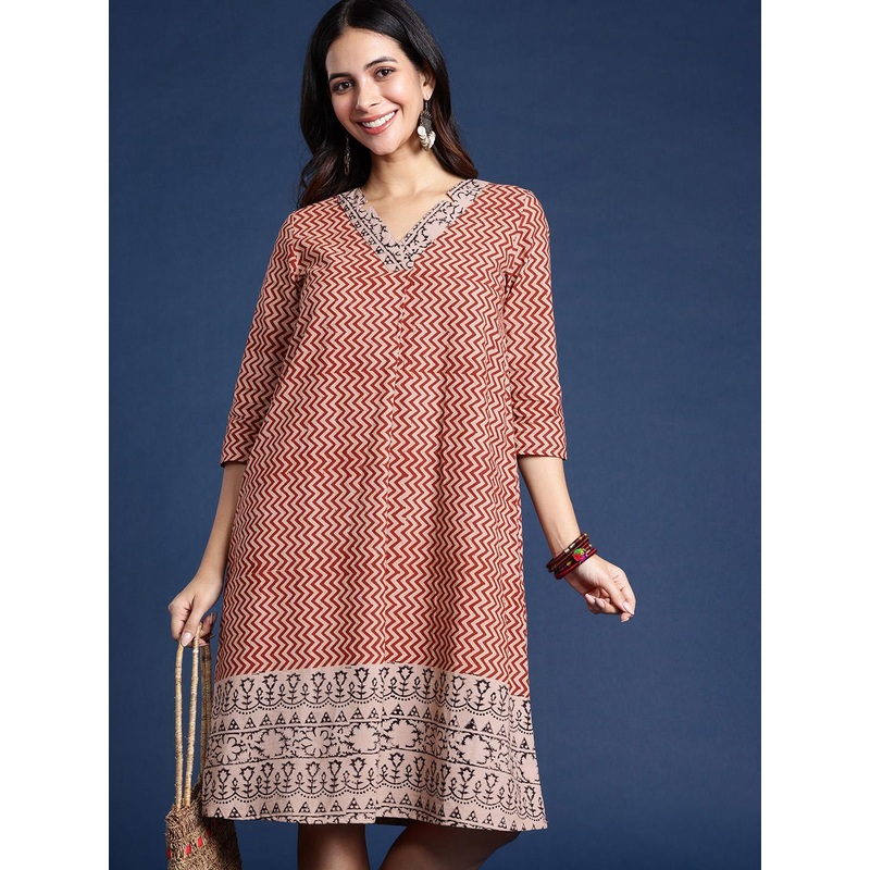Taavi Chevron Kalamkari Hand Block Print V-Neck Pure Cotton A-Line Ethnic Dress