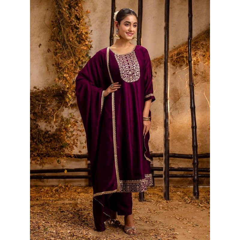 VredeVogel Zari Embellished Round Neck Anarkali Kurta With Trouser And Dupatta