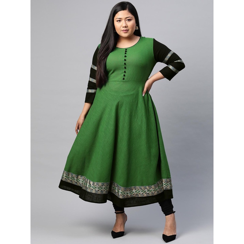 YASH GALLERY Women Plus Size Green Solid Anarkali Kurta