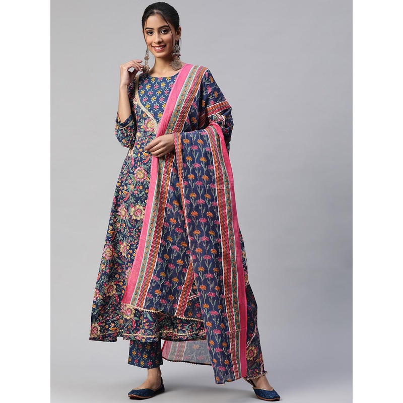 Yuris Women Navy Blue Floral Printed Gotta Patti Pure Cotton Kurta with Trousers & With Dupatta