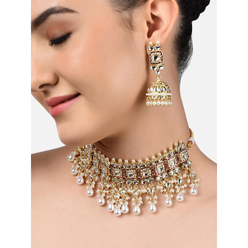 Zaveri Pearls Gold-Plated & Red Kundan Studded Meenakari Jewellery Set