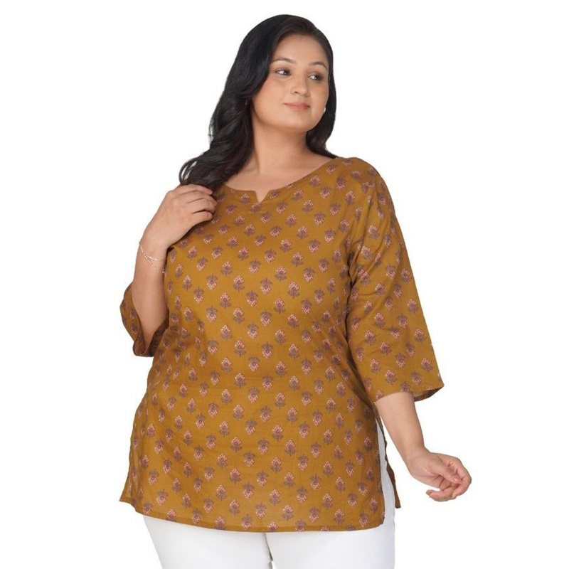 30 Looks Dark Mustard Plus Size Cotton Printed Kurti