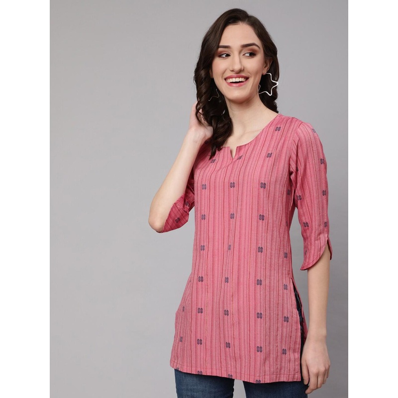 AKIMIA Striped Round Neck Cotton Jacquard Straight Kurti