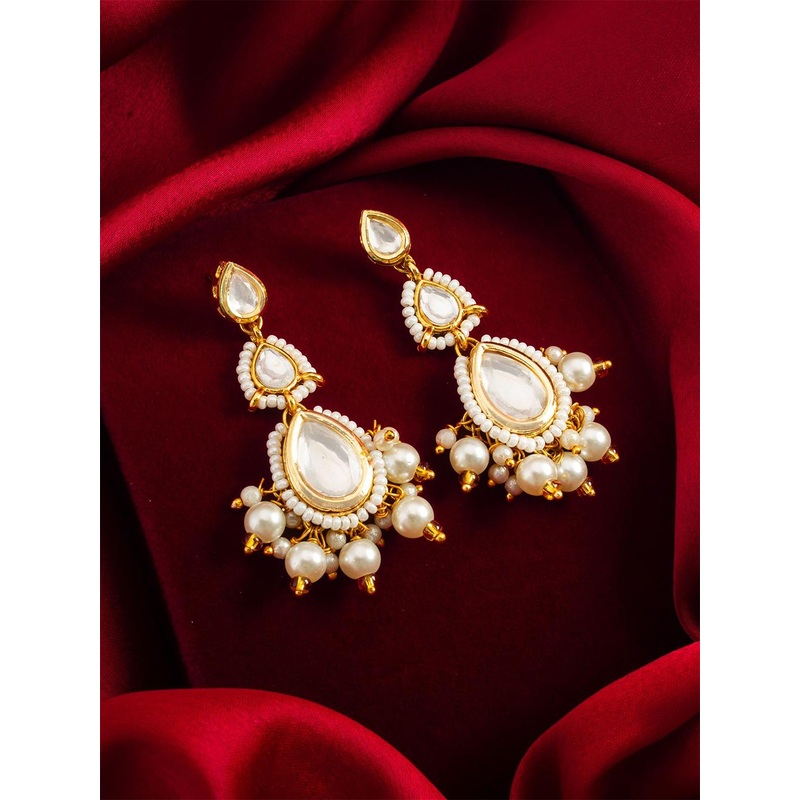 Anouk Gold-Plated American Diamond Studded & Kundan Beaded Teardrop Shaped Drop Earrings