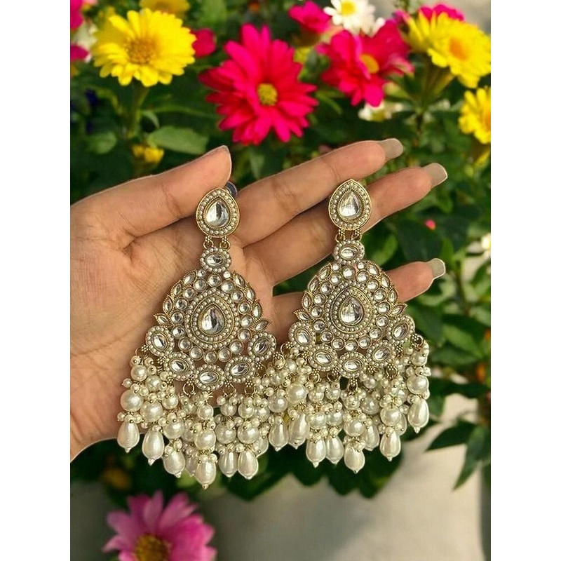 Anouk Gold Plated Artificial Stones Studded And Beaded Contemporary Drop Earrings