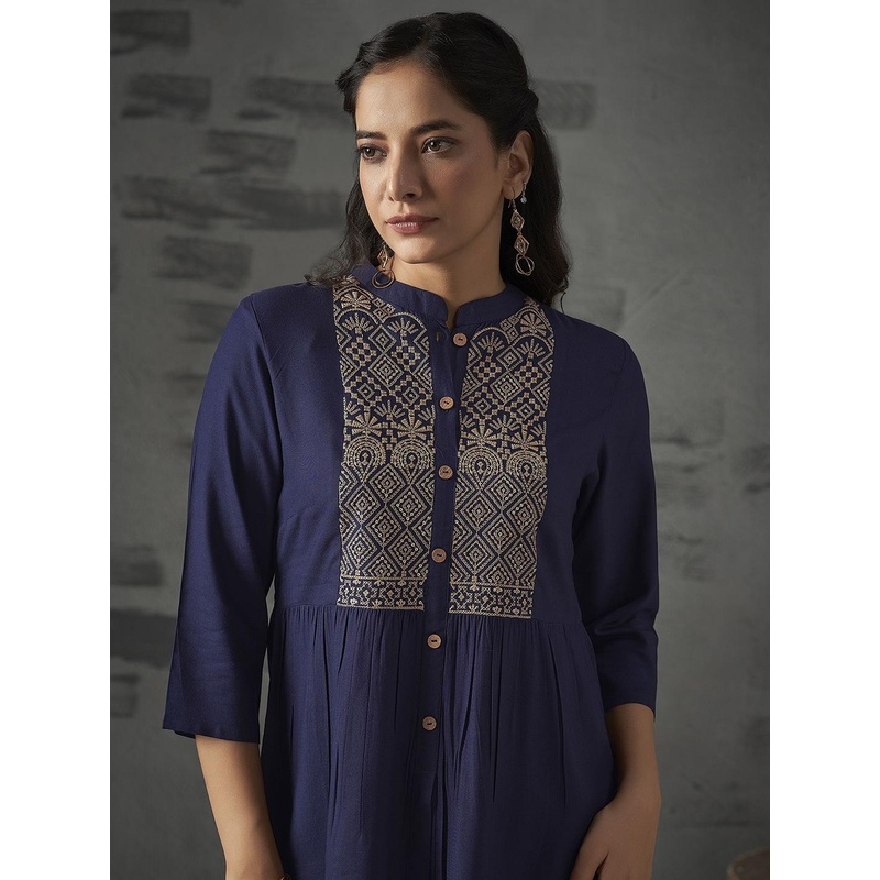 Anouk Navy Blue Ethnic Motifs Embroidered Straight Short Kurti