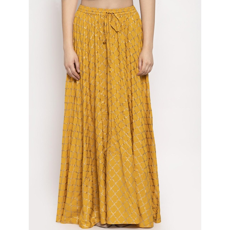 Clora Creation Mustard Yellow Checked Flared Maxi Skirt