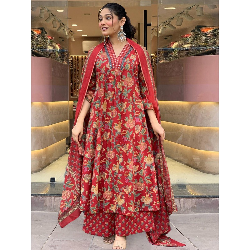GoSriKi Women Floral Printed V-Neck Anarkali Kurta with Palazzos & With Dupatta