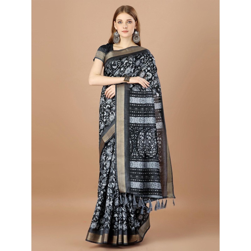 HERE&NOW Ajrak Block Zari Silk Blend Saree