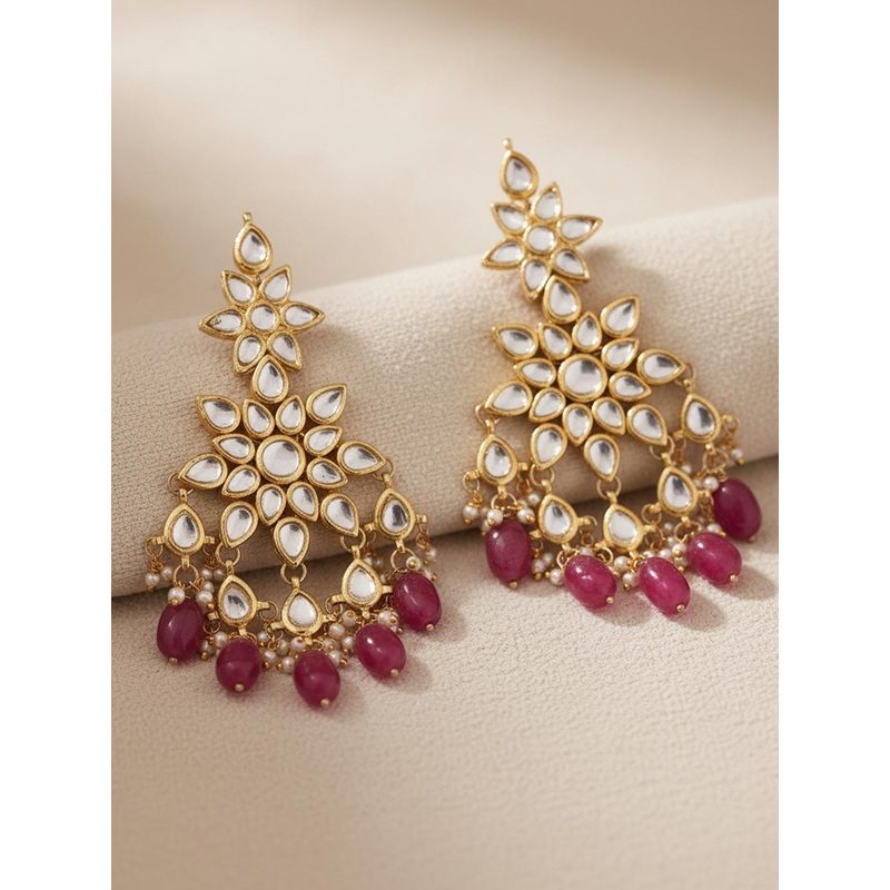 KARATCART Magenta Gold-Plated Kundan-Studded Handcrafted Floral Drop Earrings