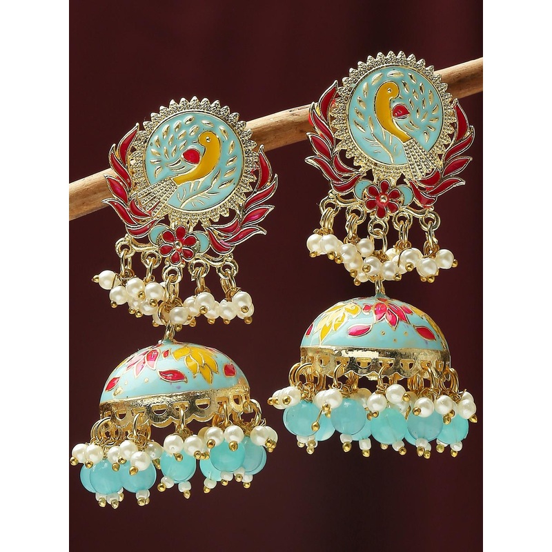 OOMPH Peacock Shaped Beaded Meenakari Jhumkas