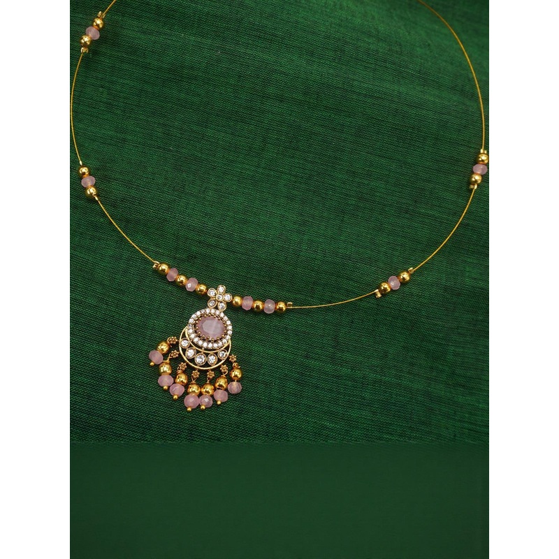 Panachee Pink & Gold Toned Stone Studded Beaded Necklace