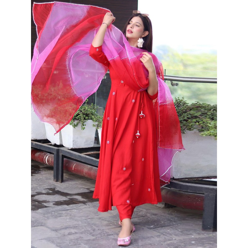 Royal Export Floral Embroidered Thread Work Anarkali Kurta with Trouser & Dupatta