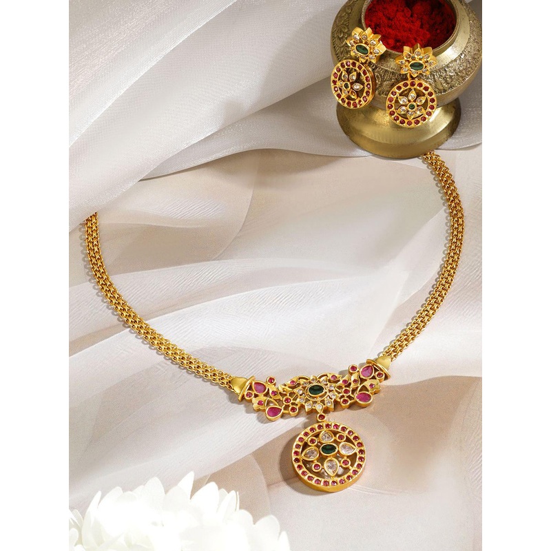 Rubans 18K Gold-Plated Ruby Pink & Emerald Green Stone Studded Floral Design Necklace Set