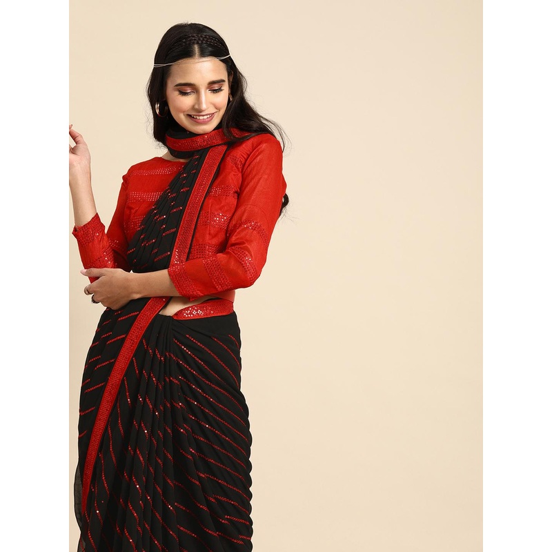 Sangria Black & Red Sequined Pure Georgette Striped Saree