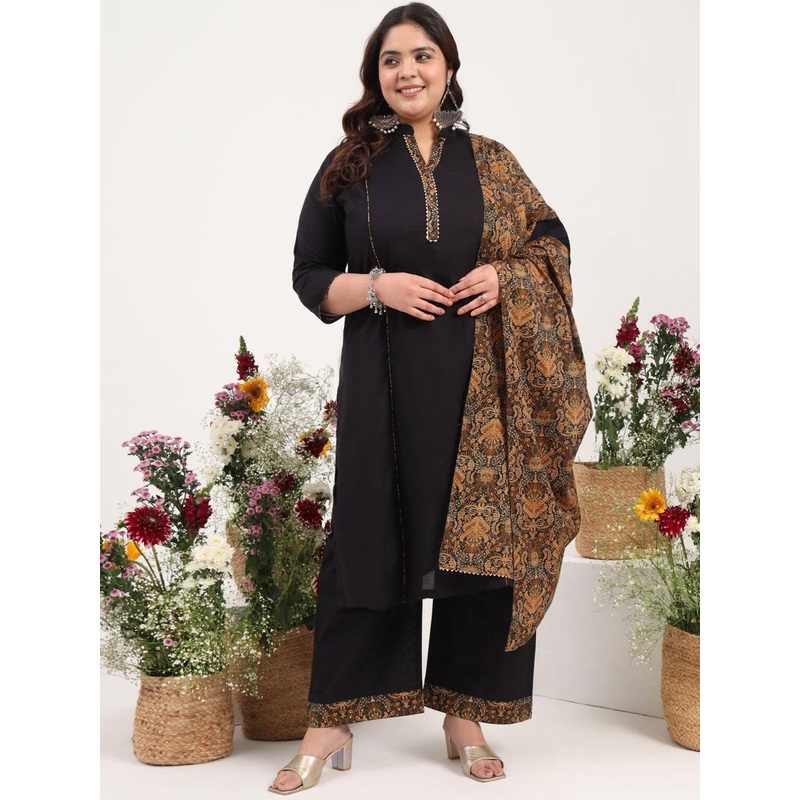 Tissu Plus Size Floral Yoke Design Gotta Patti Pure Cotton Kurta & Palazzo & Dupatta