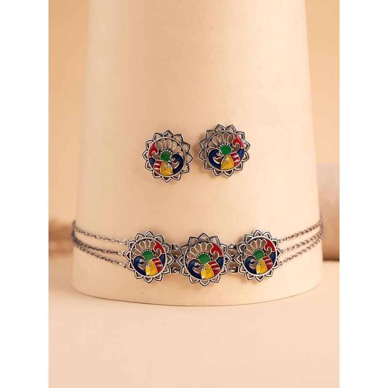 Voylla Madhubani Matsya Mayur Oxidised Enamel Choker Necklace Set