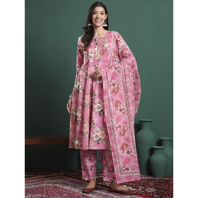 Yufta Women Floral Printed Maternity Pleated Pure Cotton Kurta with Trousers & Dupatta
