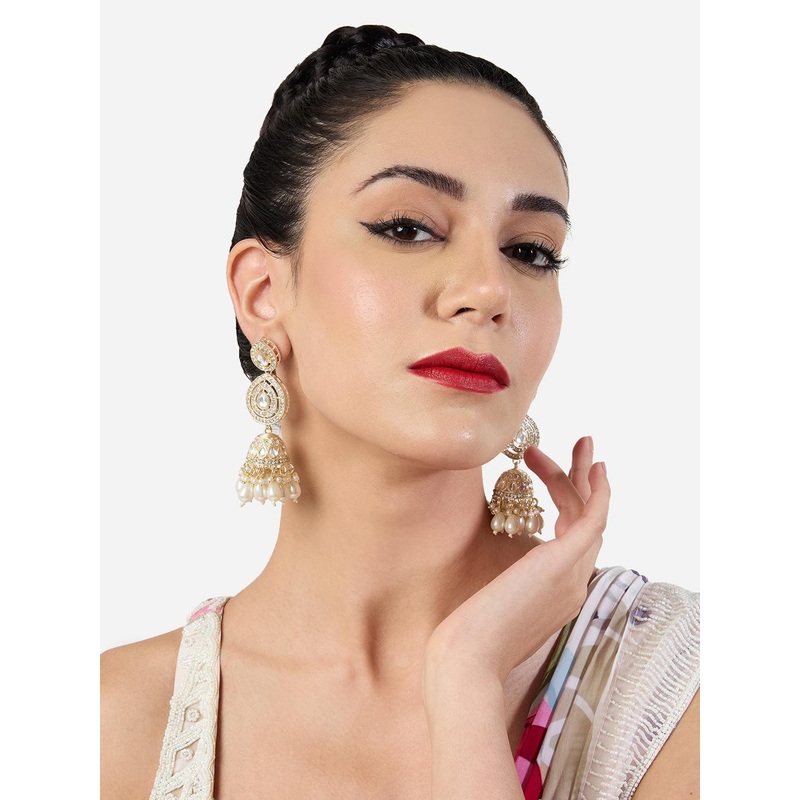 Zaveri Pearls Gold-Plated Austrian Diamond Studded & Beaded Dome Shaped Jhumkas