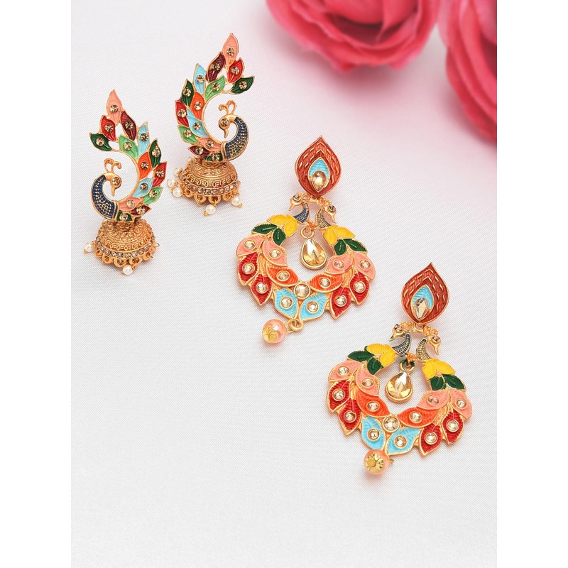 Zaveri Pearls Set of 2 Multicoloured Peacock Shaped Jhumkas