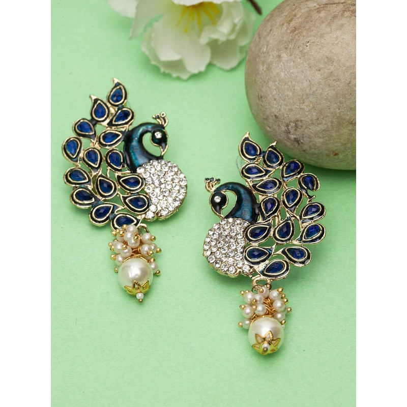 Anouk Gold Plated Artificial Beaded Peacock Shaped Drop Earrings