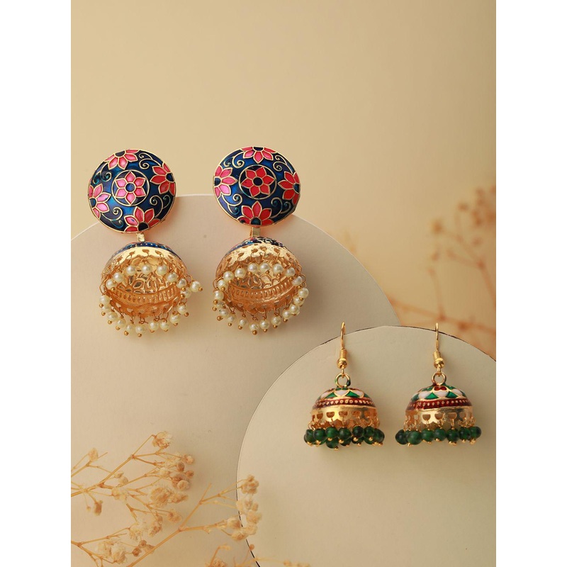 Anouk Set Of 2 Gold Plated Dome Shaped Artificial Beads Studded Meenakari Jhumkas