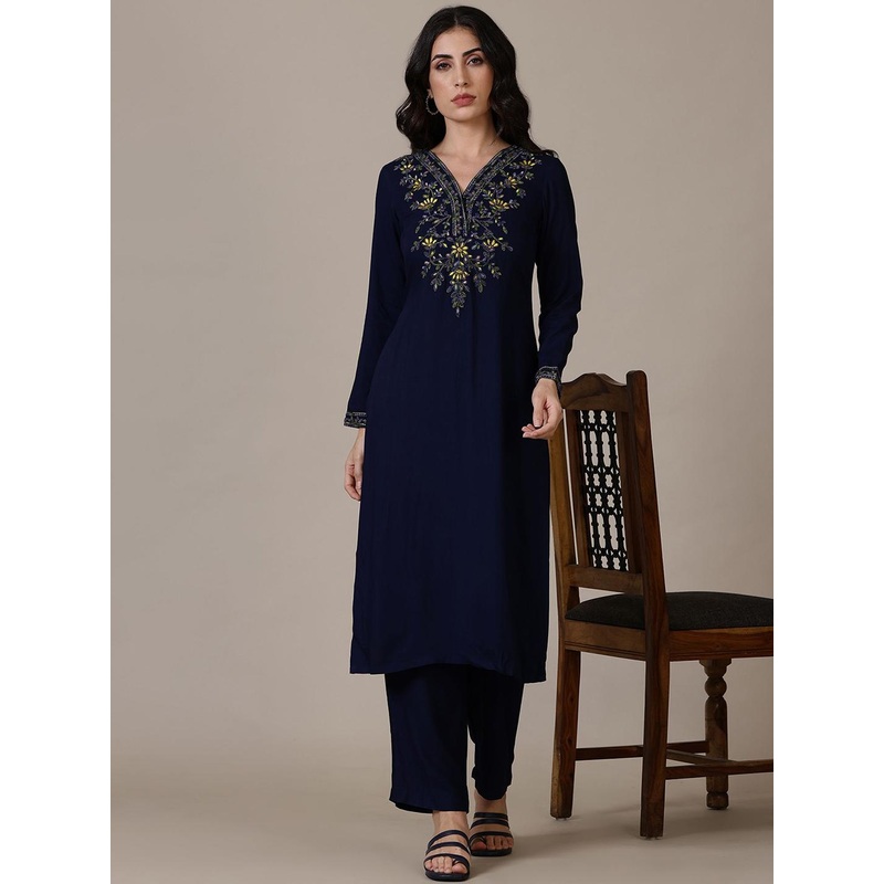 AURELIA Floral Embroidered Thread Work V-Neck Straight Kurta With Palazzo