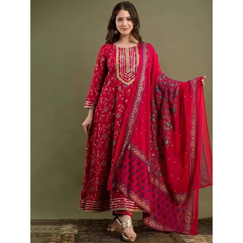 DIVASTRI Women Ethnic Print Embroidered Regular Pure Cotton Kurta With Trousers & Dupatta