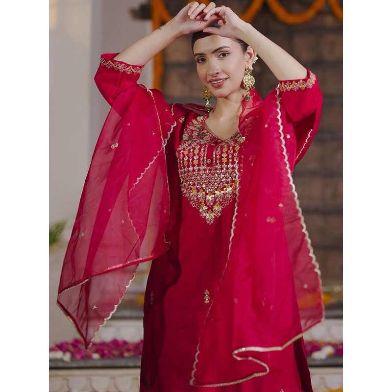 Indo Era Embroidered Sequinned Straight Kurta With Trousers & Dupatta