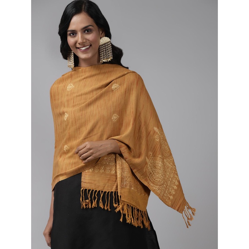 Indo Era Women Mustard Woven Design Stole