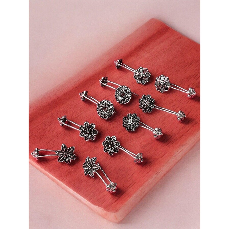 OOMPH Set Of 5 Floral Oxidised Ear Cuff Earrings