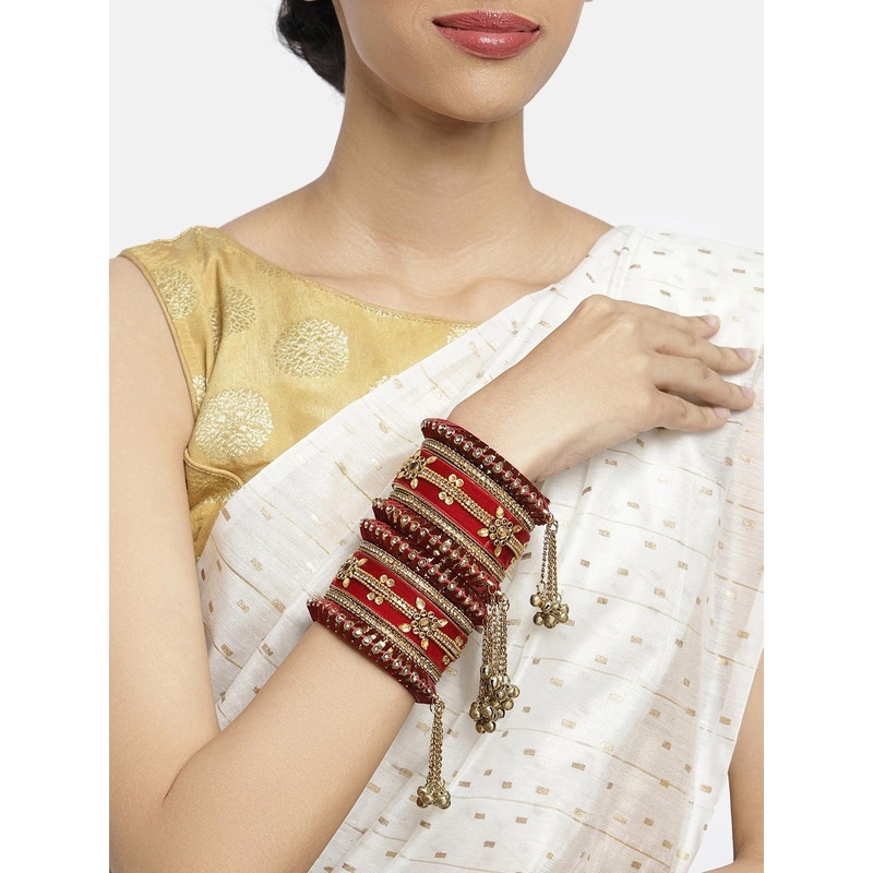 Peora Gold-Plated & Maroon Set Of 10 Matching Floral Kundan Studded Chura Bangle Set