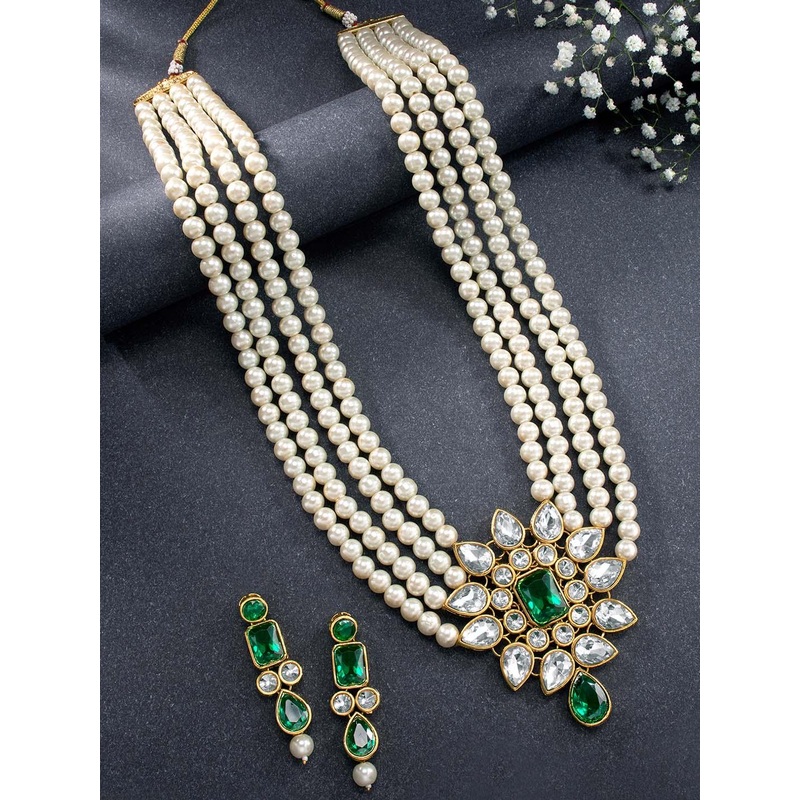 Peora Green & White Floral Studded Gold Plated Jewellery Set