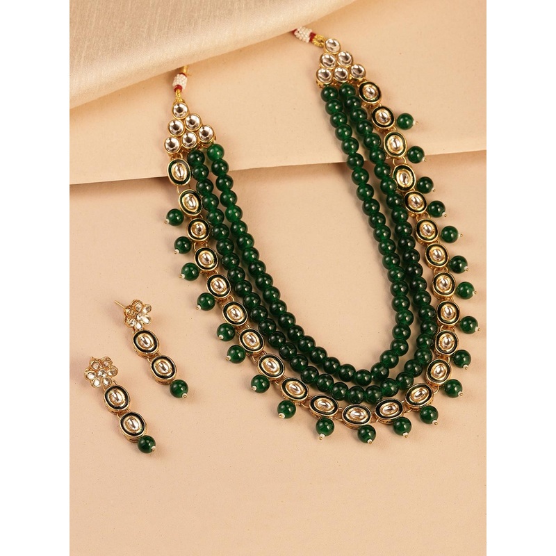 Peora Green & White Gold Plated Beaded Long Necklace & Earing Set