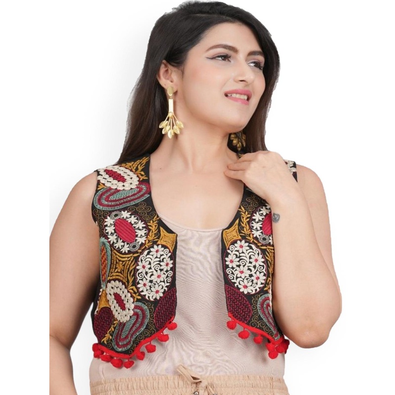 Prijam Floral Embroidered Sleeveless Thread Work Cotton Crop Shrug