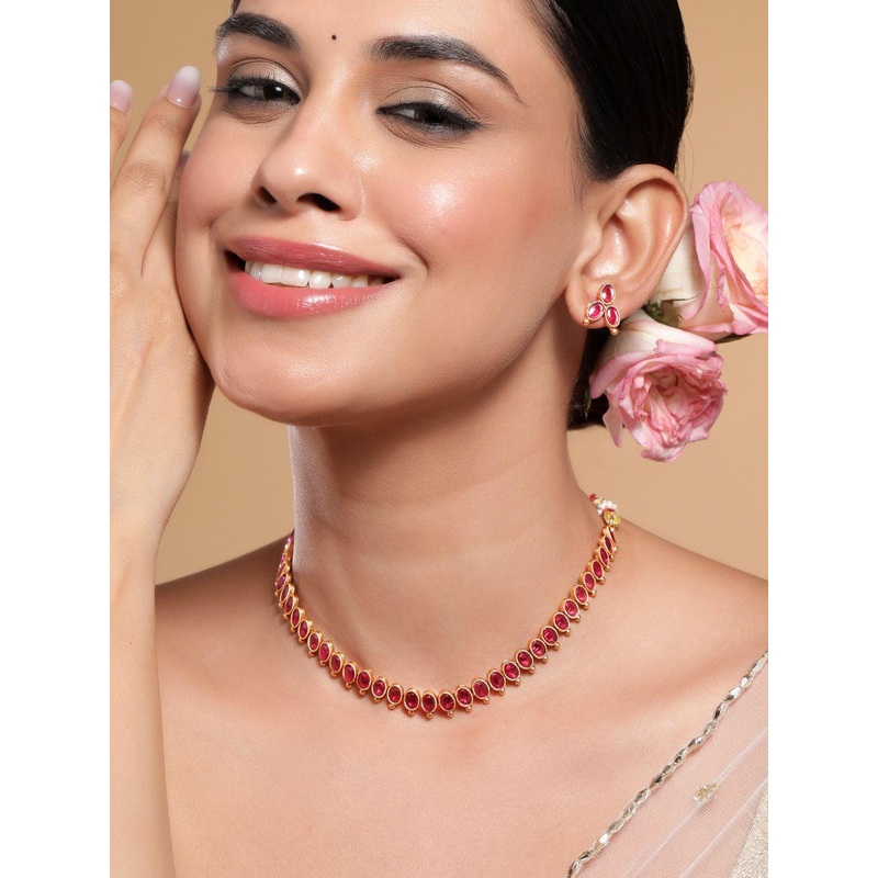 Rubans 18K Gold-Plated Ruby Pink Studded Traditional Necklace Set