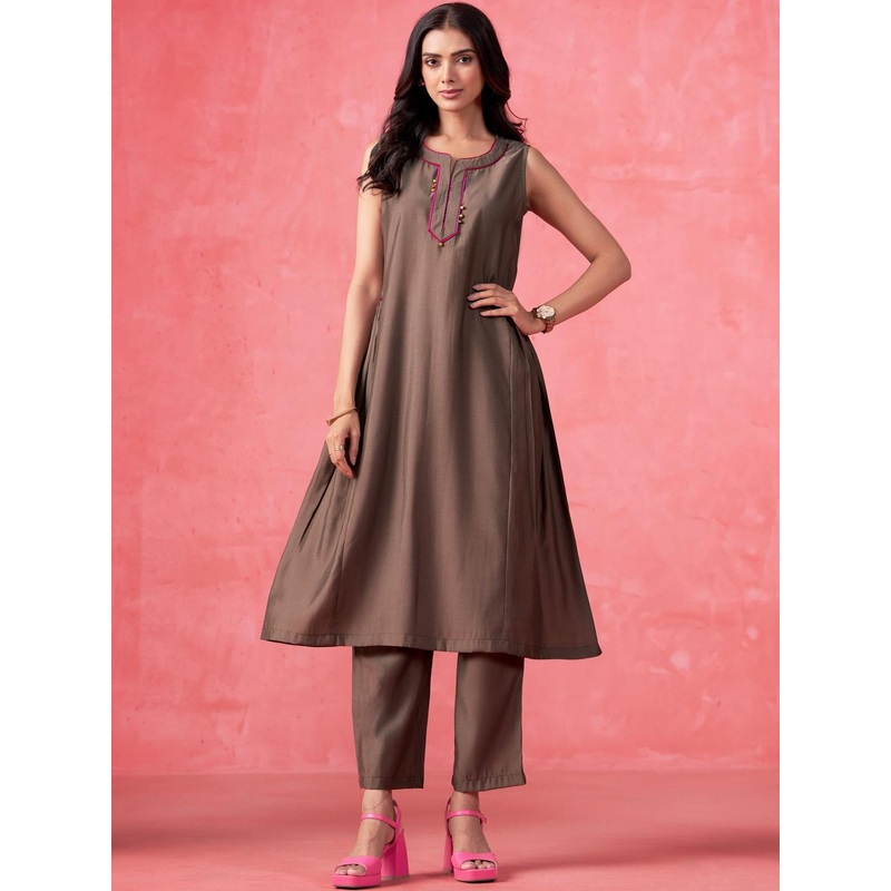Sangria Women Solid Yoke Design Silk Kurta with Trousers