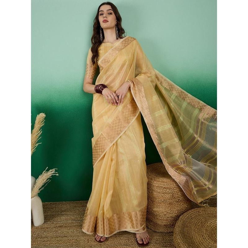 Sangria Zari Woven Tassel Detail Striped Kanjeevaram Saree