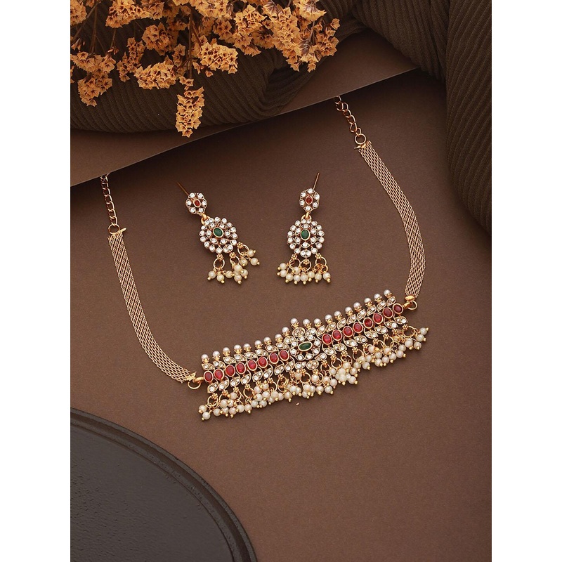 Saraf RS Jewellery Gold-Plated Kundan Studded & Beads Beaded Necklace With Earrings