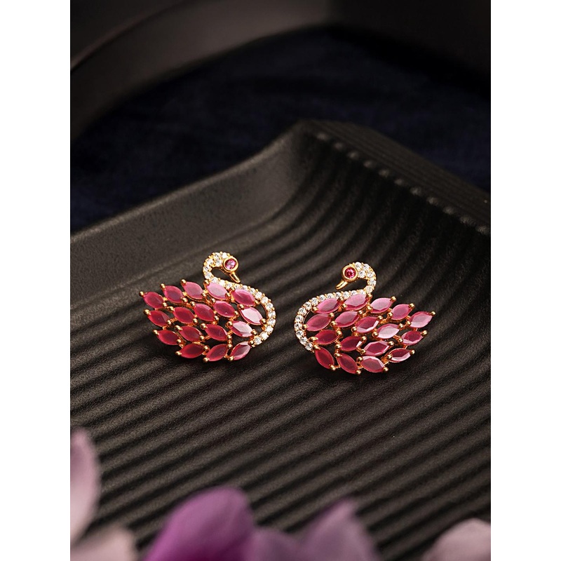 Saraf RS Jewellery Gold Plated Magenta Peacock Shaped Studs Earrings