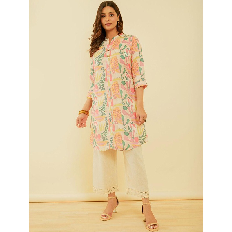 Soch Mandarin Collar Three Quarter Sleeves Printed A-Line Kurta