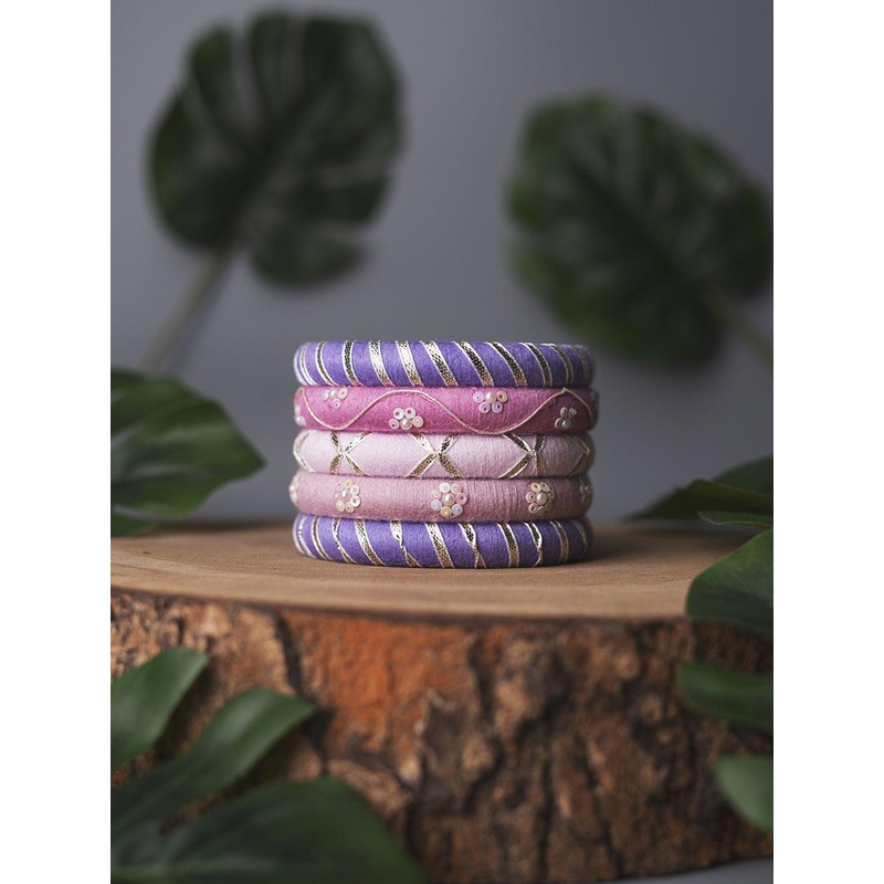Taasha Craft Set Of 5 Stone-Studded & Beaded Bangles