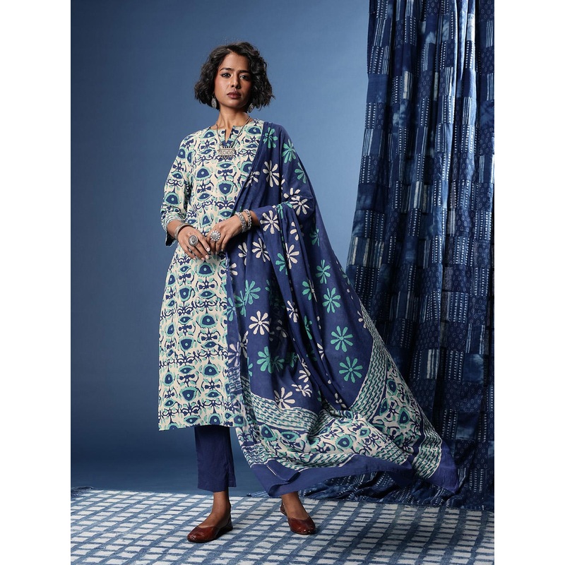 Taavi Floral Printed Indigo Kurta with Trouser & Dupatta