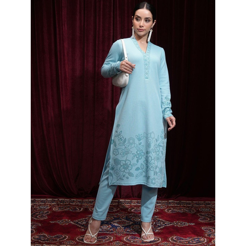 Vishudh Women Winter Flatback Rib Printed Kurta and Elasticated Pant